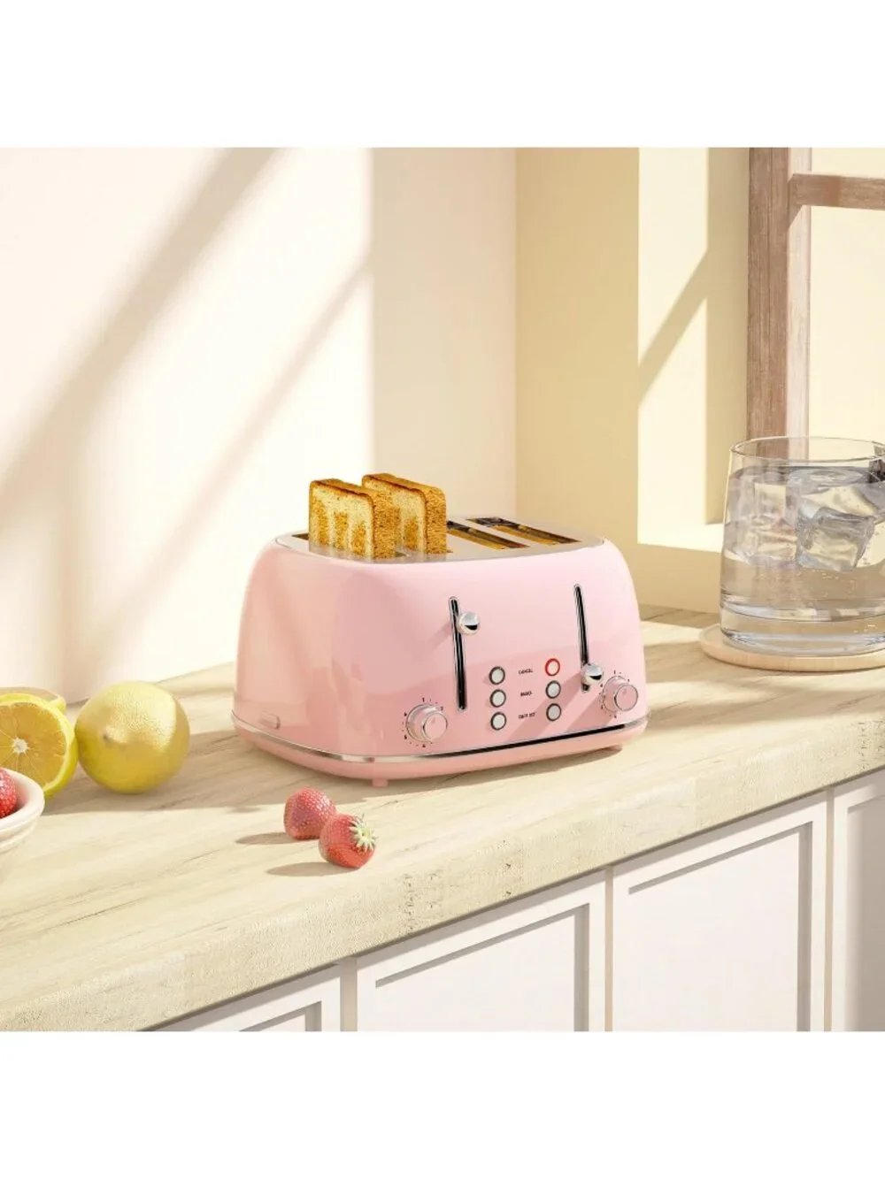 4 Slice Pink Retro Stainless with 6 Bread Shade Settings 1.5''Wide Slots Toaster
